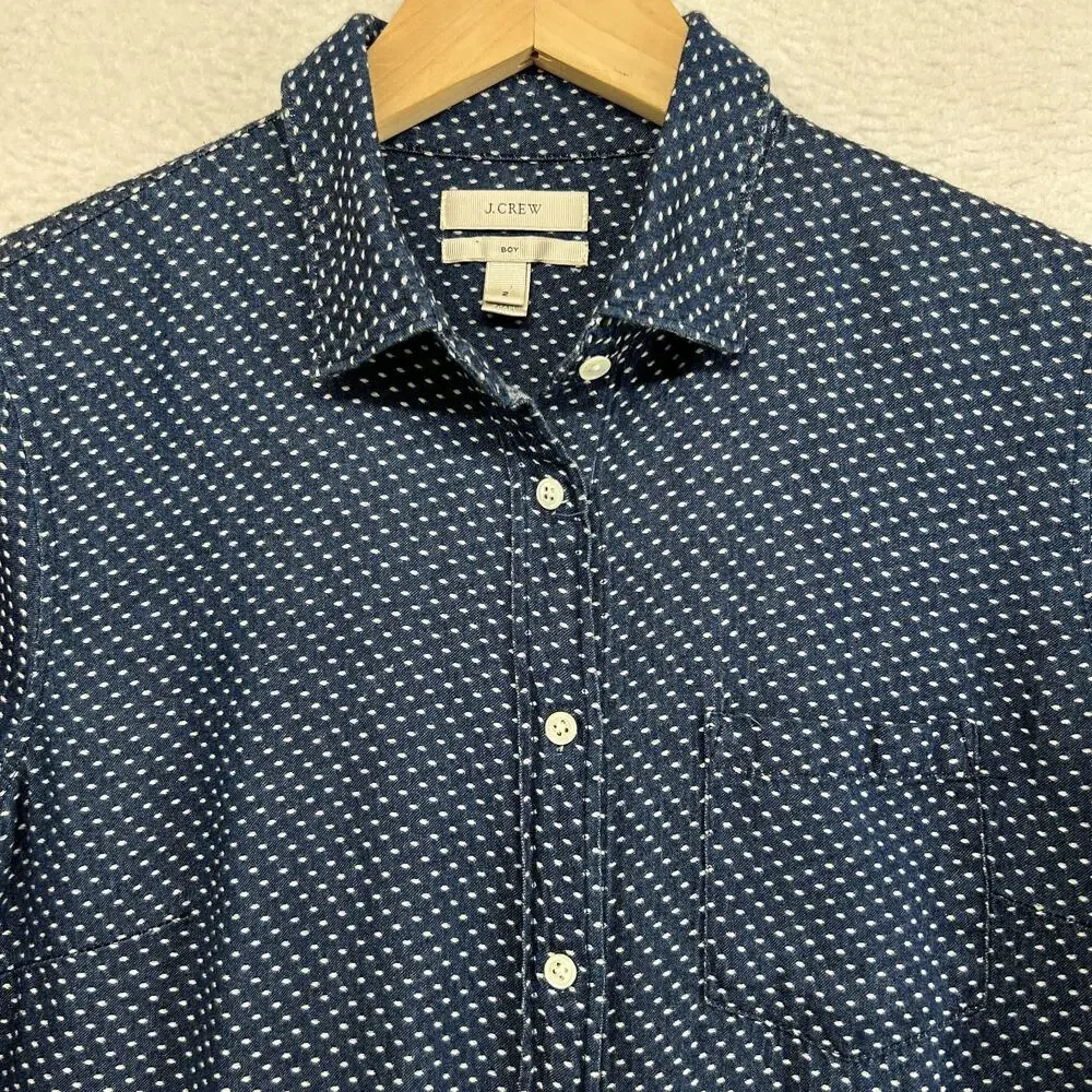 J.CREW Top Womens 2 Boy Shirt Polka Dot Button Up Long Sleeve Cotton Blue